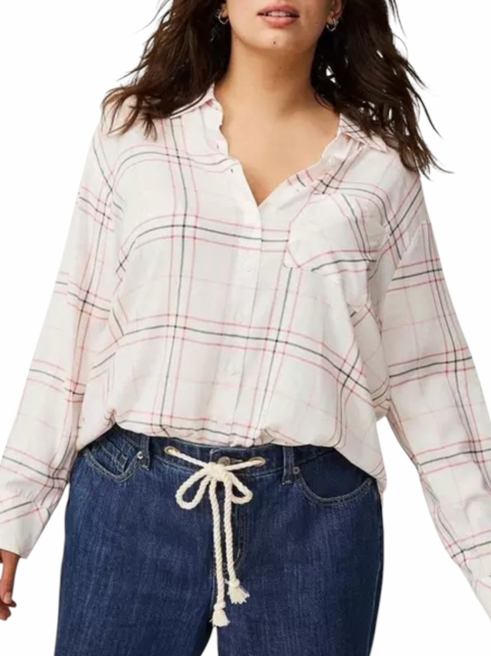 Torrid Harper Plaid Button Front Blouse Size 2 (2X) White Pink Gray